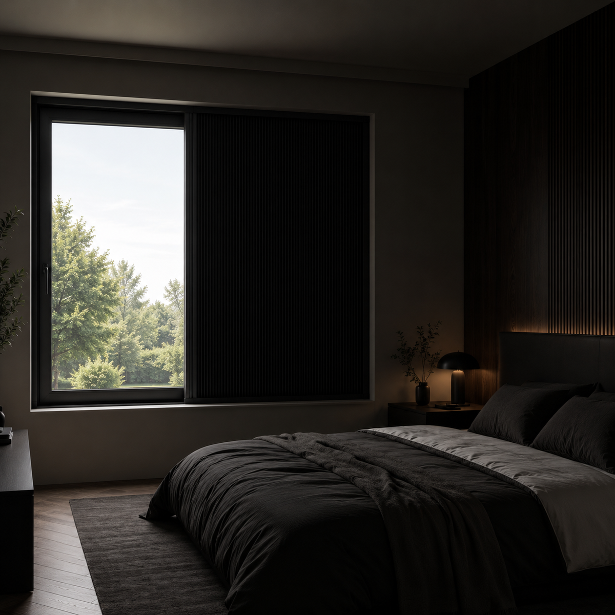 Dark bedroom with Aether blackout blind half closed